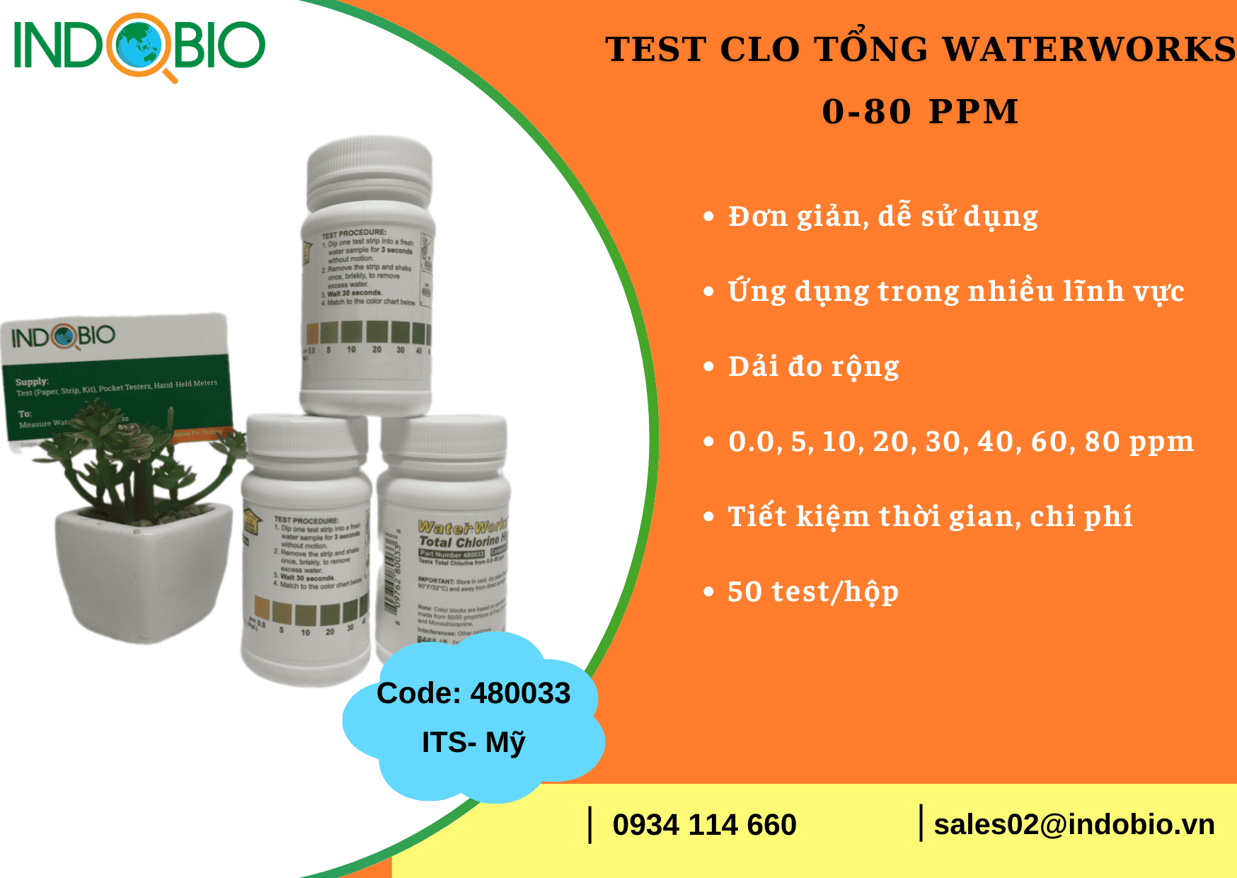 WATERWORKS 480033 (0-80 PPM): BỘ QUE TEST CLO TỔNG TRONG NƯỚC VÀ DUNG DỊCH